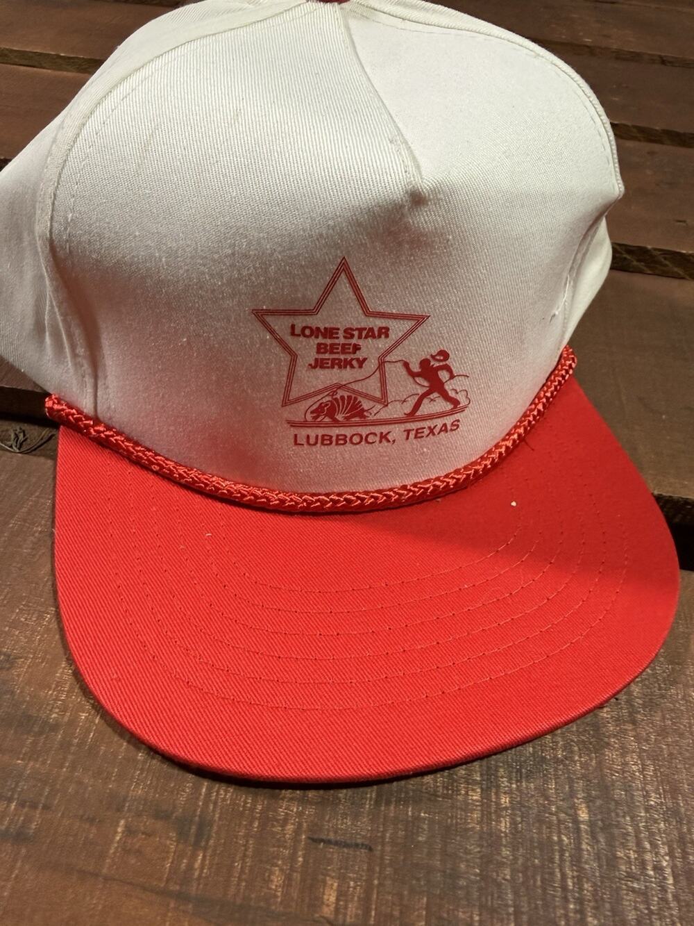 Vintage Lone Star Beef Jerky Lubbock Texas Snapback Hat Cap White Red Rope
